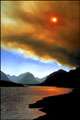 wildfire, smoke, lake, sun